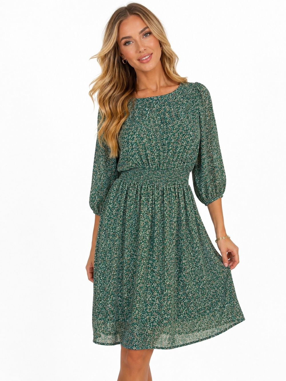 Downeast Green Floral Smocked Waist Midi Dress Size M